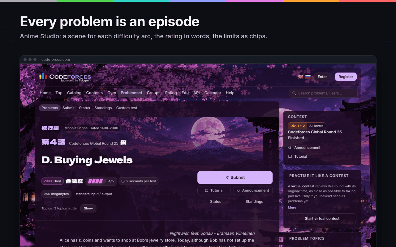 Theme Studio for Codeforces showing an anime-styled problem page as an episode