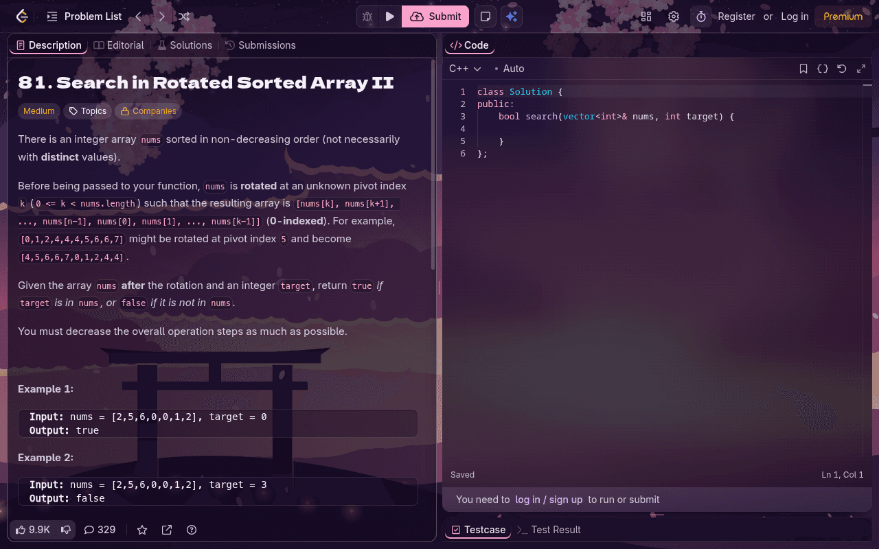 LeetCode problem page themed with the Sakura Dusk anime scene behind glass panels